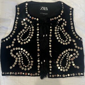 ZARA Black Studded Velvet Vest/ Silver Studs . Size M-L